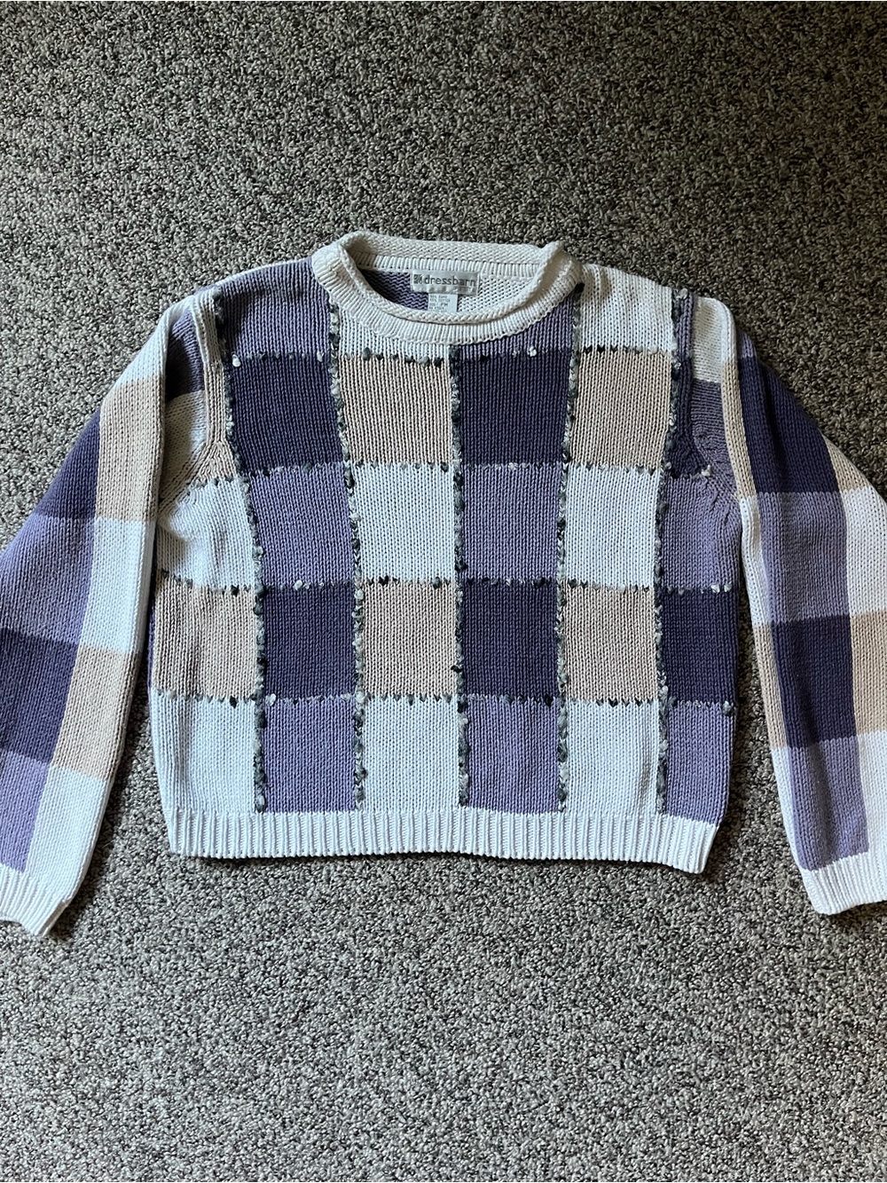 Dressbarn Petite Patchwork Check Crewneck Sweater in Lavender, Gray & Cream